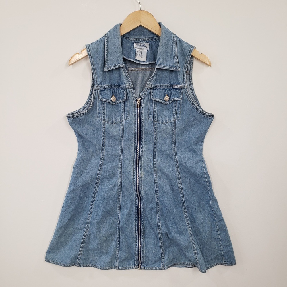 True Blue Denim Mini Dress Women 13/14 Blue Vintage 90s Zip Front Vest Grunge